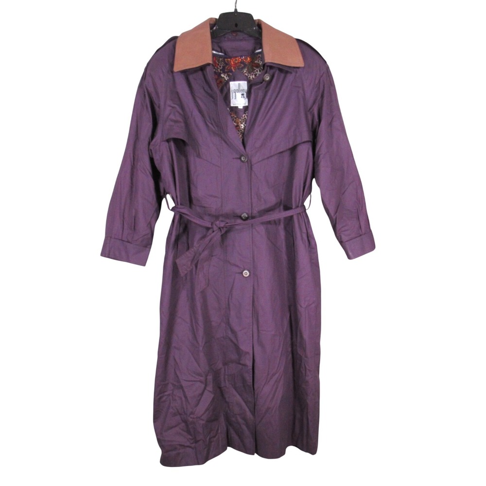 J. GALLERY Dark Purple REMOVABLE COLLAR/LINER Belted BUTTON-UP Trench Coat 9/10